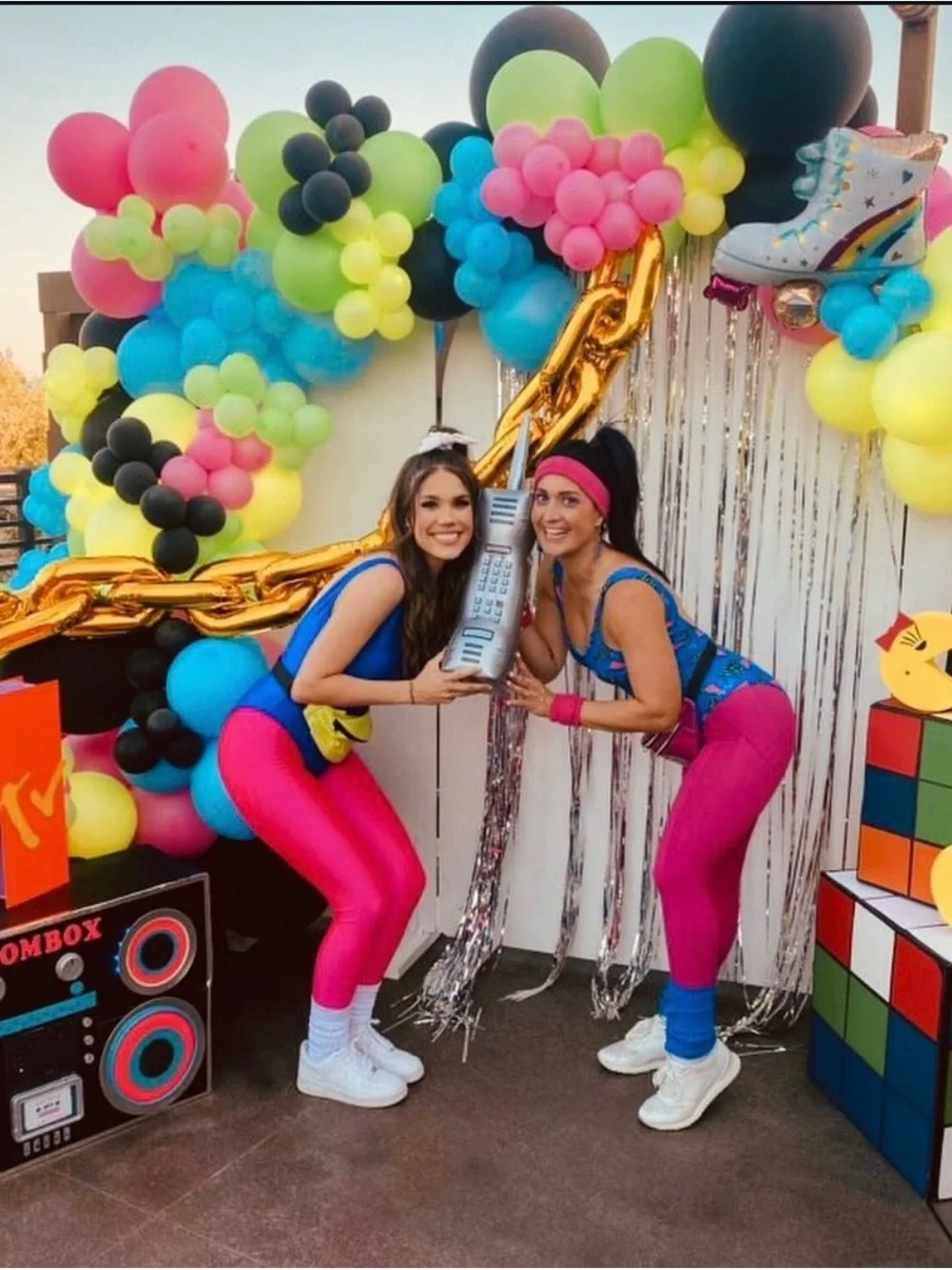 Women’s Totally 80s Costume Body Suit, Hot Pink Leggings with Blue Leg Warmers